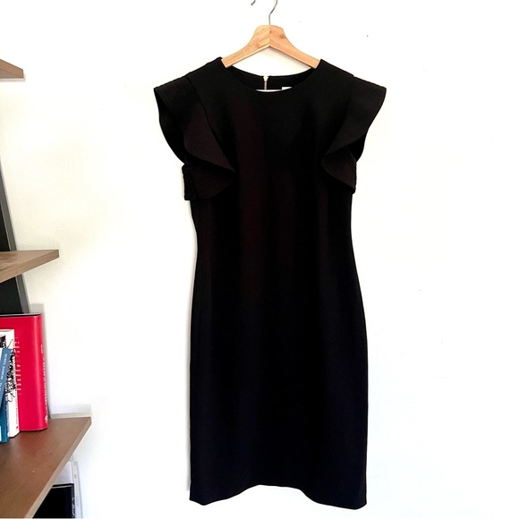 Calvin Klein Ruffle Shoulder Black Sheath Dress | Size 10 - Picture 4 of 12